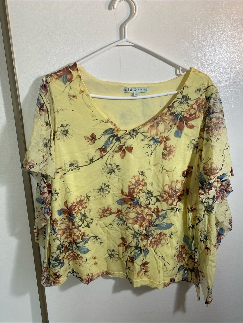 cleo Yellow Floral V-Neck Blouse with Blue and Brown Accents